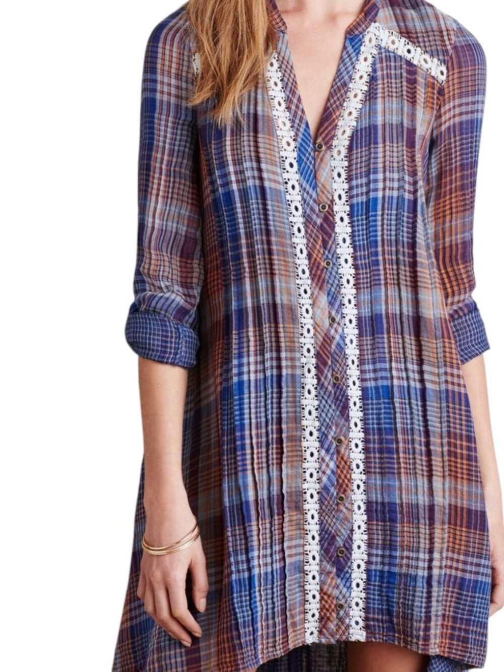 Anthropologie Holding Horses Abita Blue Plaid Roll Sleeves Button Front Dress